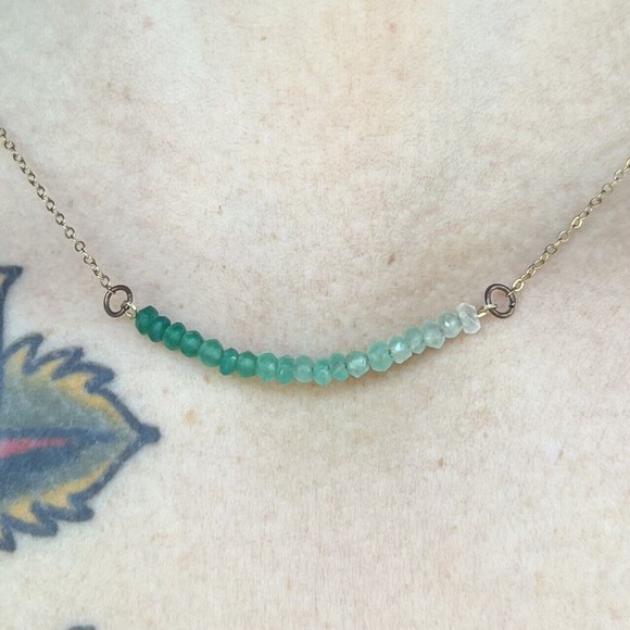 Ombre Emerald Beaded Curved Bar Gold Fill Necklace and Bracelet Set May Birthday - Picture 2 of 16